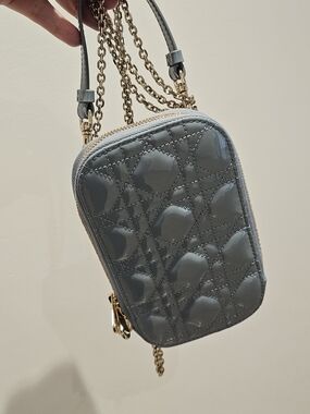 Dior Patent Quilted Mini Crossbody in Slate Blue with Gold Chain